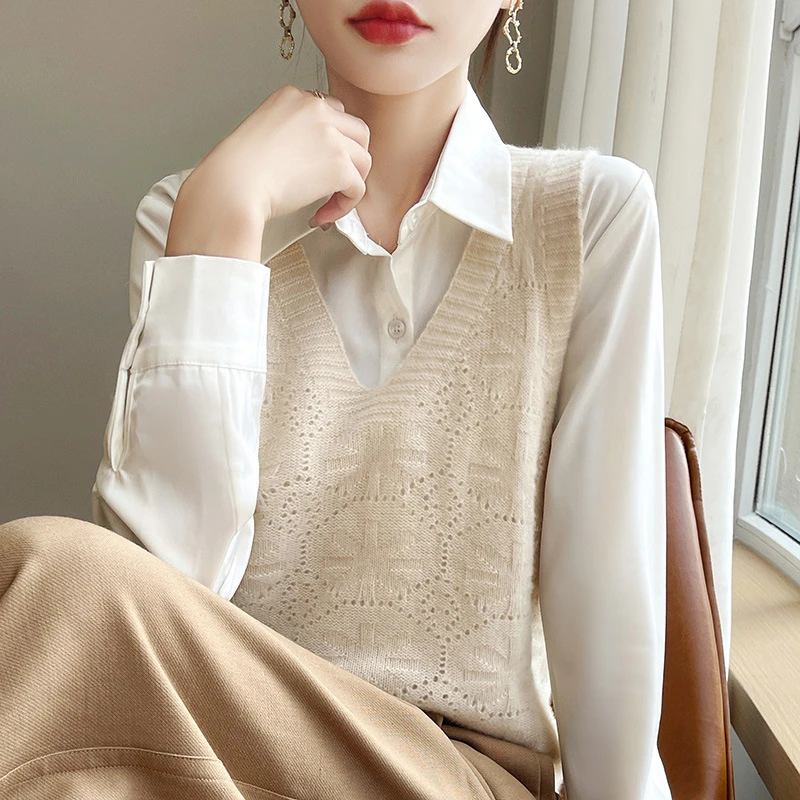 欧若风阔太太外穿针织毛衣马甲新款背心坎肩V领洋气小香风白衬衫