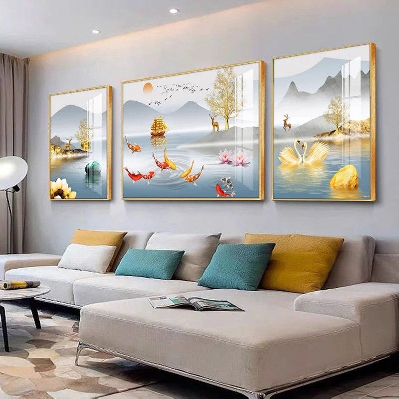 九鱼聚财客厅装饰画轻奢风沙发背景墙壁画现代简约高端新中式挂画