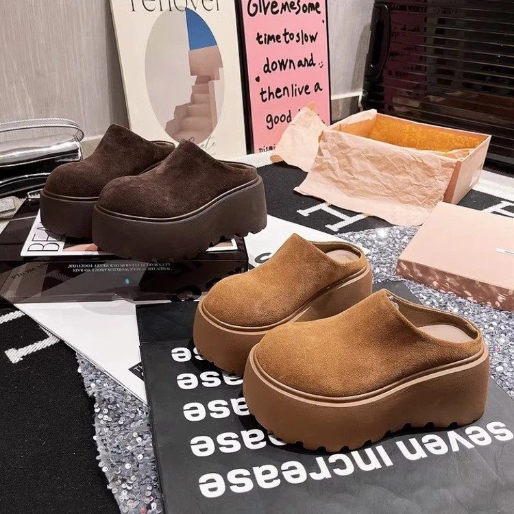 芒果头设计2024年秋冬季新款时尚复古个性磨砂皮厚底英伦风包头拖