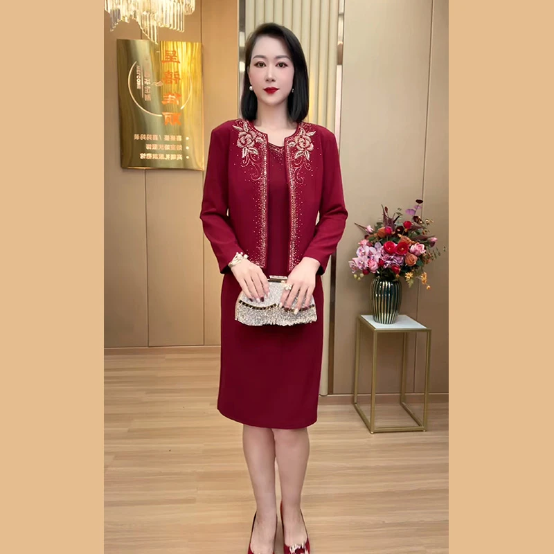 秋冬显瘦洋气两件套高贵礼服喜妈妈装婚宴婚礼喜婆婆金丝时尚套装