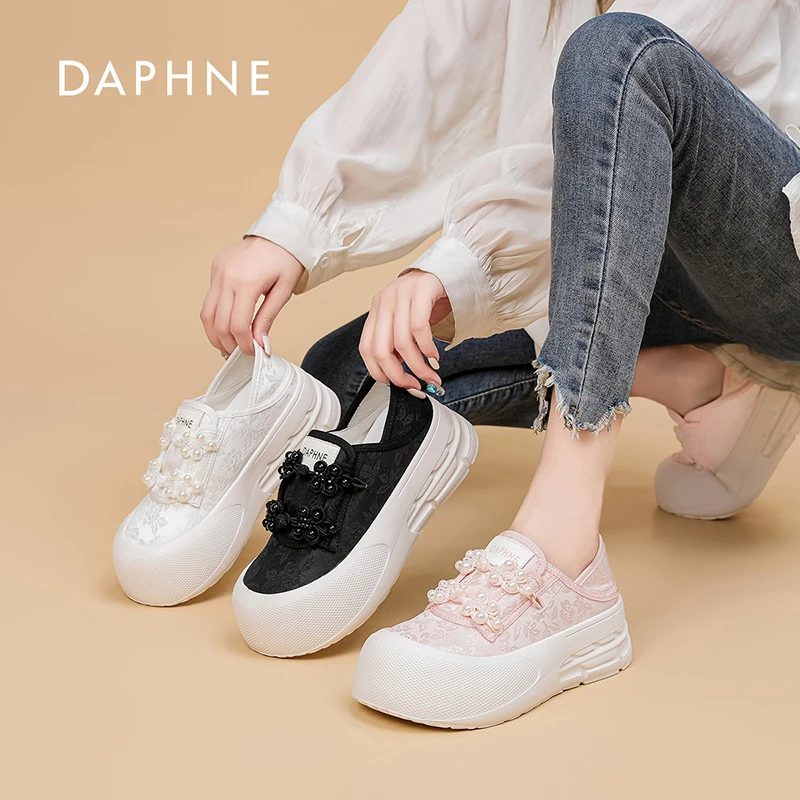 Daphne/达芙妮休闲板鞋厚底女鞋蕾丝新款女鞋楼口网面百搭学生鞋L