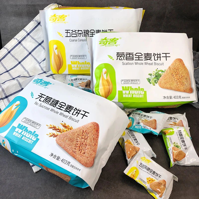 奇客五谷杂粮无蔗糖葱香全麦饼粗粮饼干代餐独立小包装零食403g