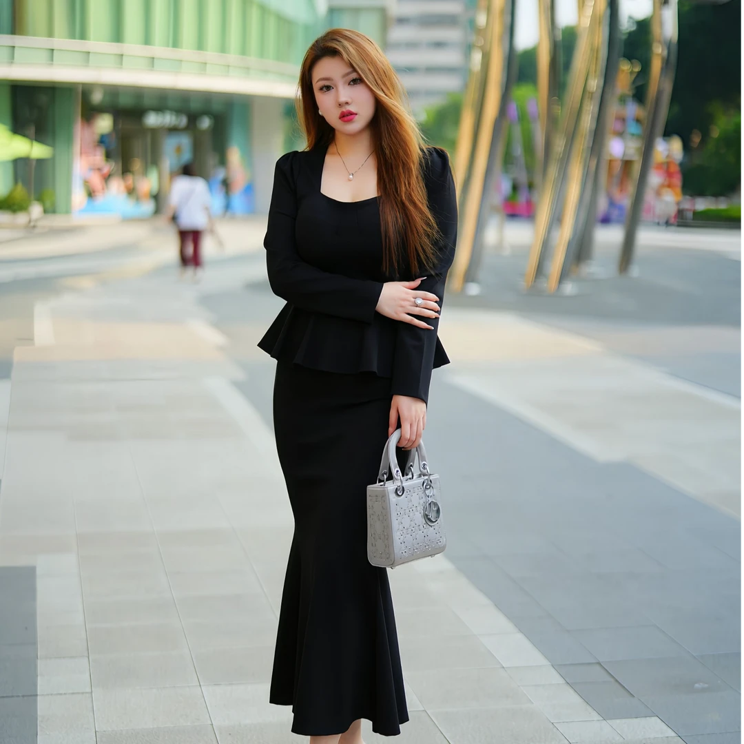 XY7314/XY7302赫本风复古收腰显瘦伞摆遮肚子大码上衣+鱼尾裙套装