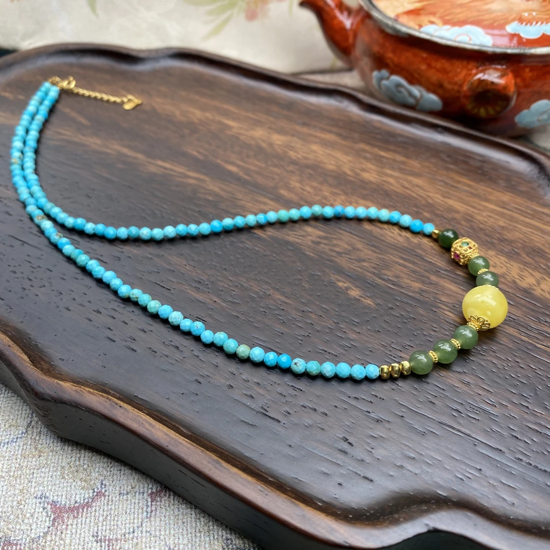 【珺笙珠宝】蜜蜡搭配绿松石切面项链S1002105041