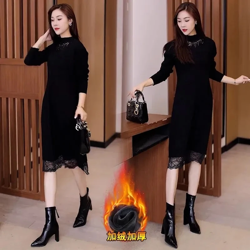 一体绒加绒加厚保暖内搭女装毛衣裙长款过膝针织打衫底蕾丝连衣裙
