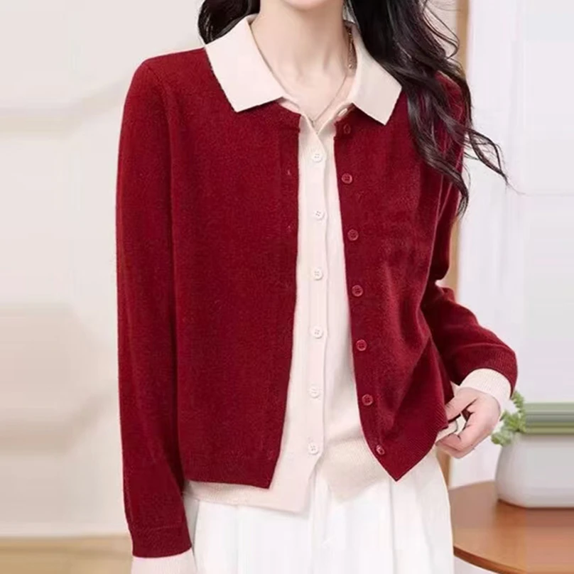 春秋新款假两件翻领针织开衫女装长袖纽扣衫宽松早秋拼色毛衣外套