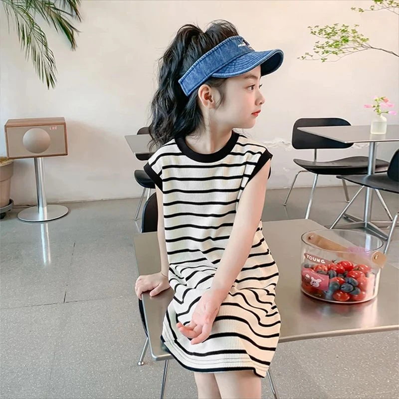 女童背心裙2024夏季新款针织条纹吊带裙女童连衣裙 薄款T恤休闲裙