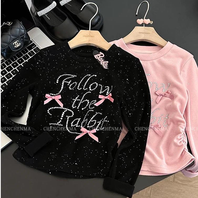 女童烫钻蝴蝶结撒银长袖打底衫春季2025新款韩版洋气打底宽松上衣