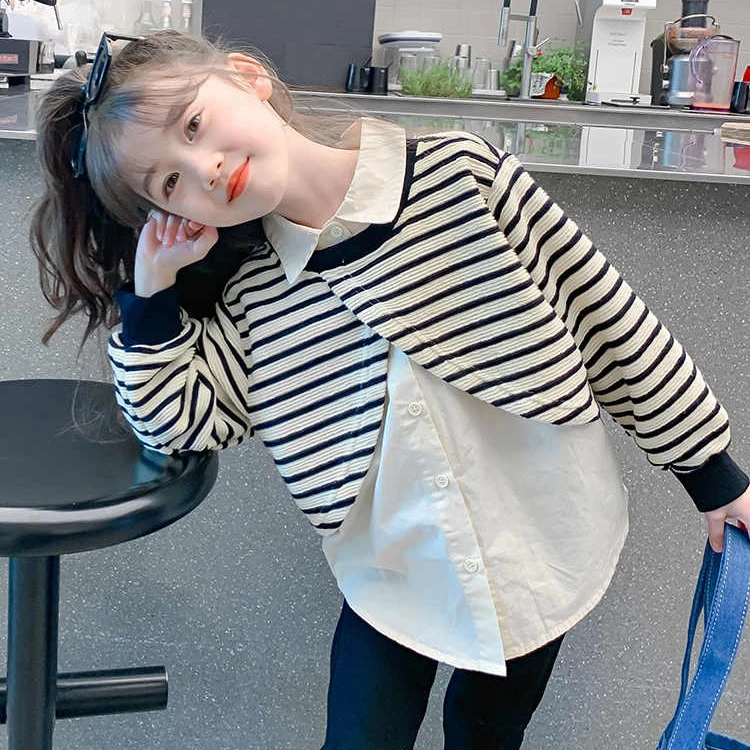 女童衬衫春装2025新款宝宝洋气条纹长袖假两件儿童上衣翻领衬衣潮