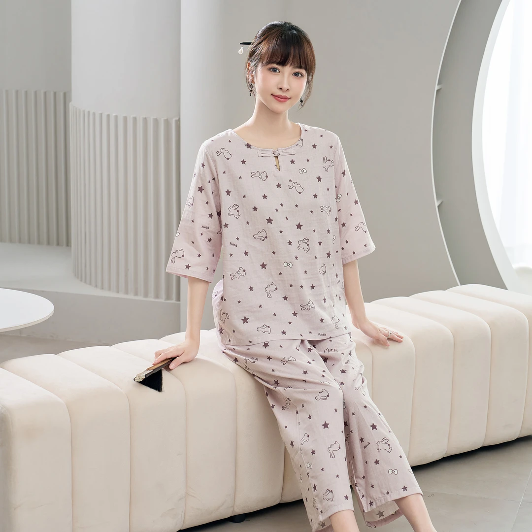 睡衣女春夏季棉纱中袖九分裤套装带口袋居家服休闲睡衣套装有胸垫