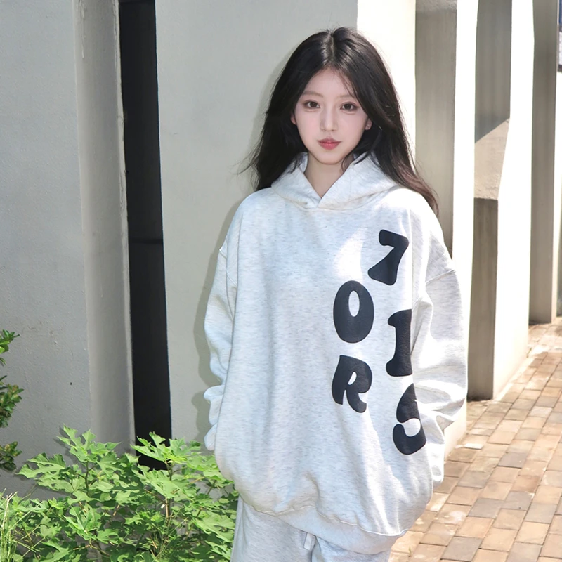 R0715 国潮美式发泡印花帽衫秋冬男女宽松长袖加绒连帽卫衣情侣潮