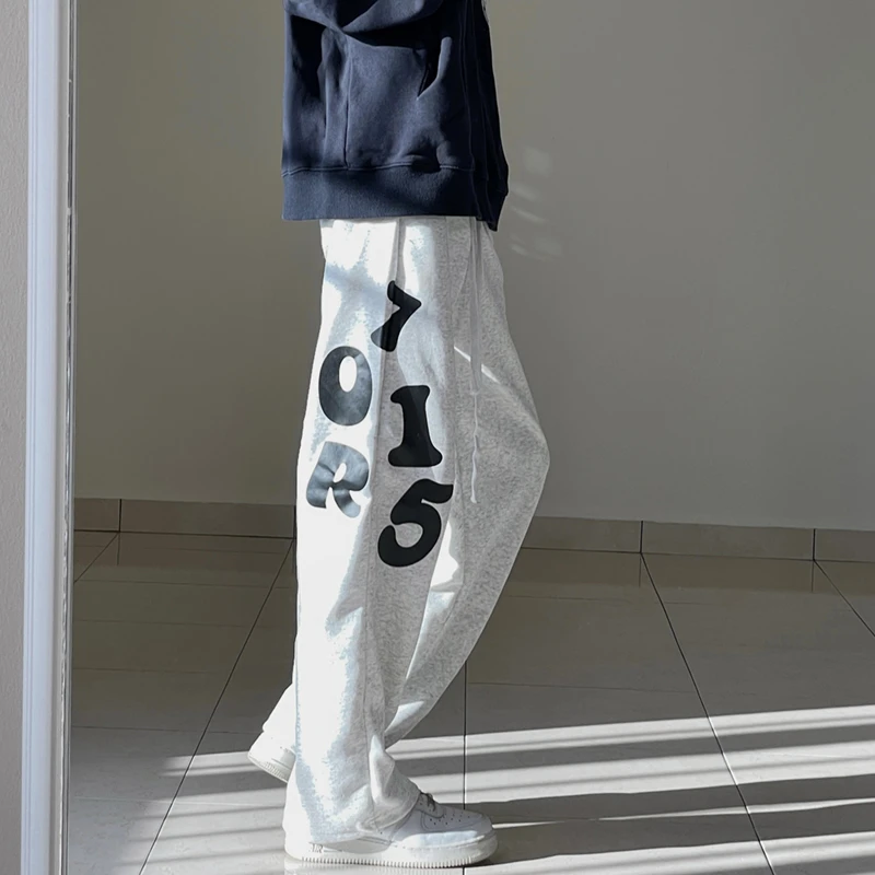 R0715潮汕美式休闲印花裤子男女情侣宽松显瘦直筒卫裤运动裤长裤
