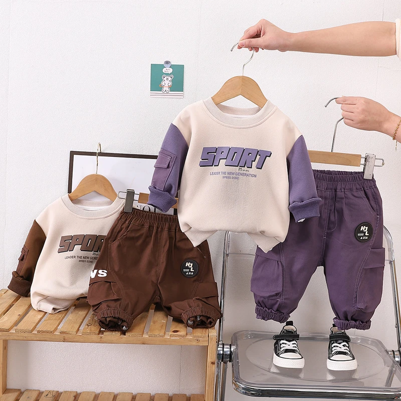【沫沫家】春秋新款男女童卡通圆领卫衣长袖套装宝宝工装长裤套装