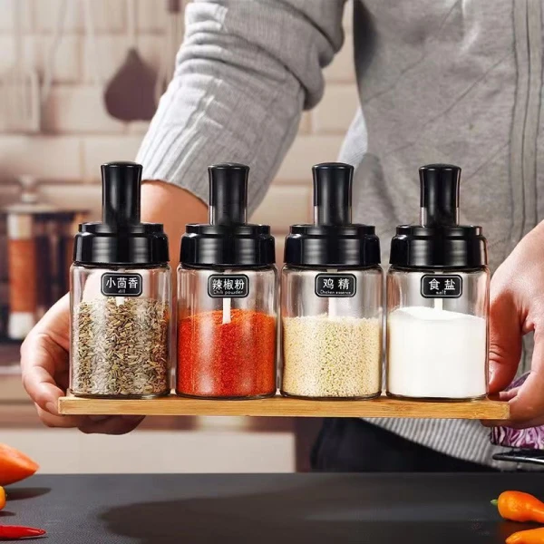 玻璃调味瓶 勺盖一体佐料瓶 防潮密封 鸡精味精盐勺盖一体调料罐