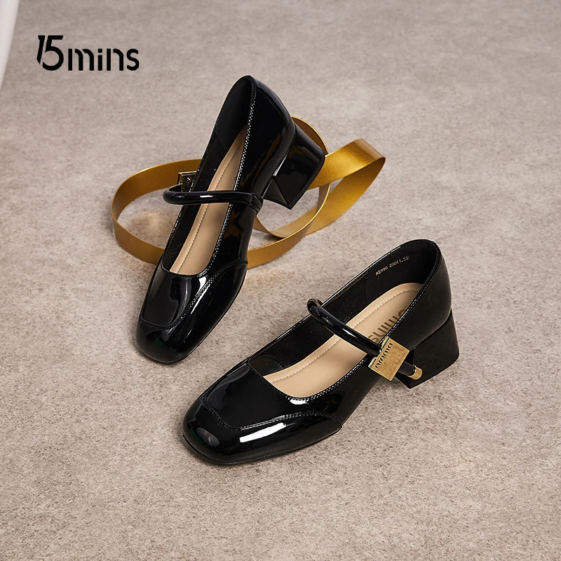 15mins法式粗跟玛丽珍女鞋2024秋季爆款黑色高跟鞋百搭气质单鞋女