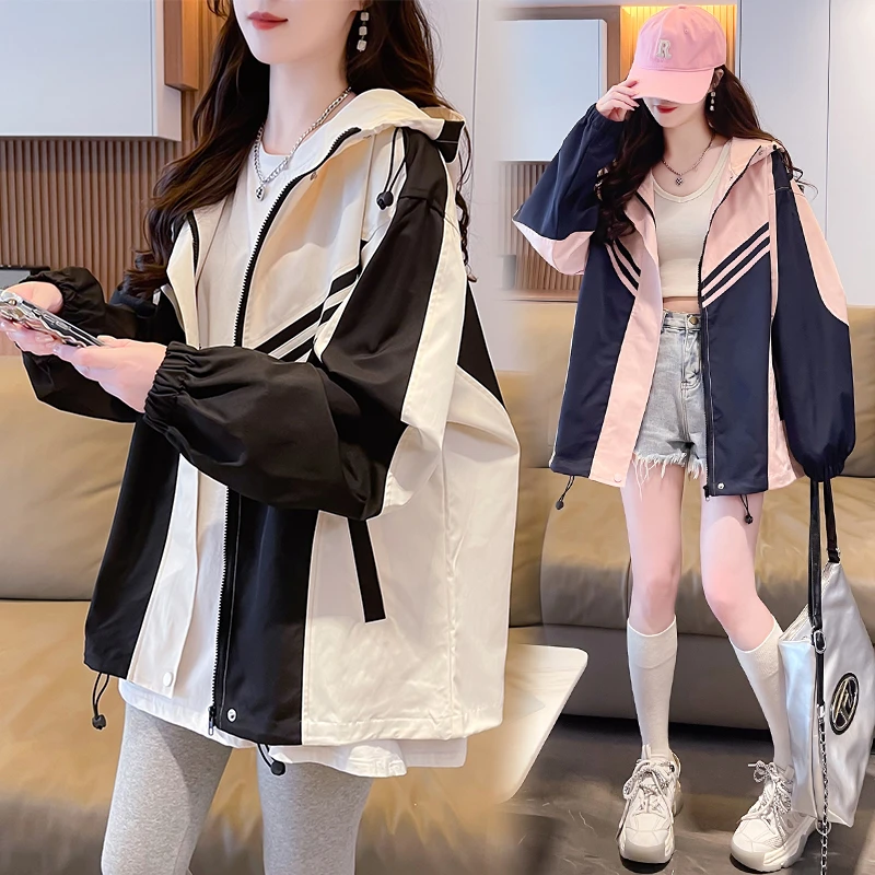 黑白撞色工装外套女2025春季新款小个子设计感小众爆款连帽冲锋衣