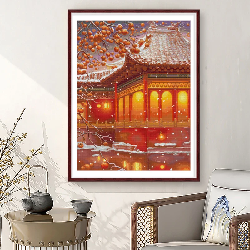 春天十字绣中式竖版玄关满绣故宫飞雪风景手工自己绣