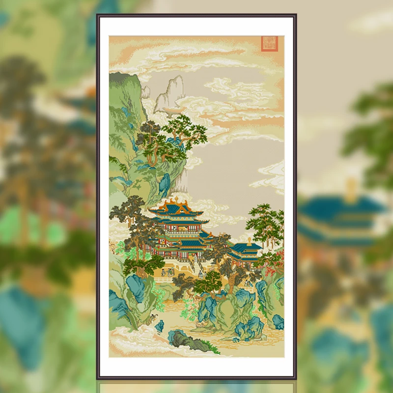 十字绣2025新款线绣南宋名画【赵伯驹】竖版玄关书房风景仙山阁楼