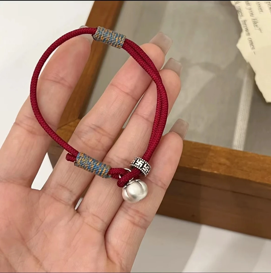 足银手链 柿柿如意手绳小红薯同款红色编织可抽拉