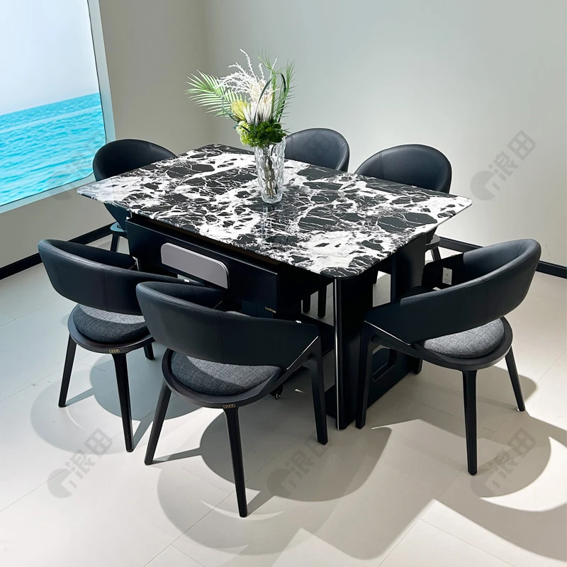 新款轻奢黑白系家用大理石餐桌麻将桌两用推拉岛台麻将桌餐桌一体