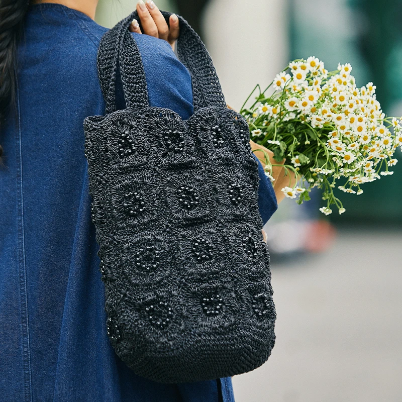 藤也家夏季新款百搭休闲小众定制手工串珠蜡线棉线编织水桶手提包