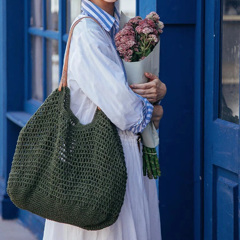 TEYEJI/藤也家小众复古休闲蜡绳编织真皮大容量网格镂空单肩包