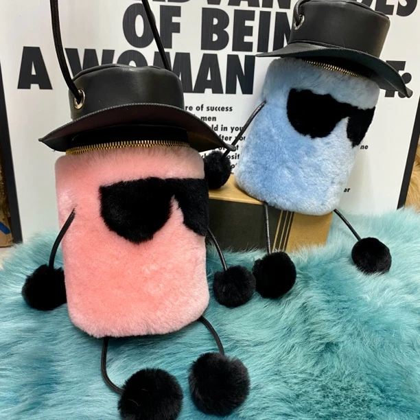 墨镜小水桶手机包钥匙包可爱搞怪斜挎包羊毛皮草包包饰品