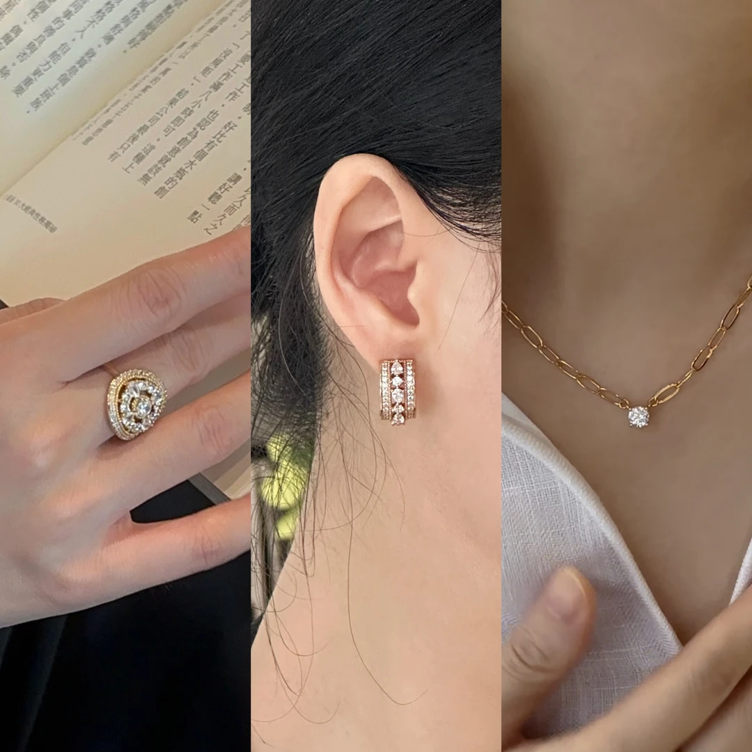 铜合金项链 法式复古闪耀戒指项链耳钉组合链接