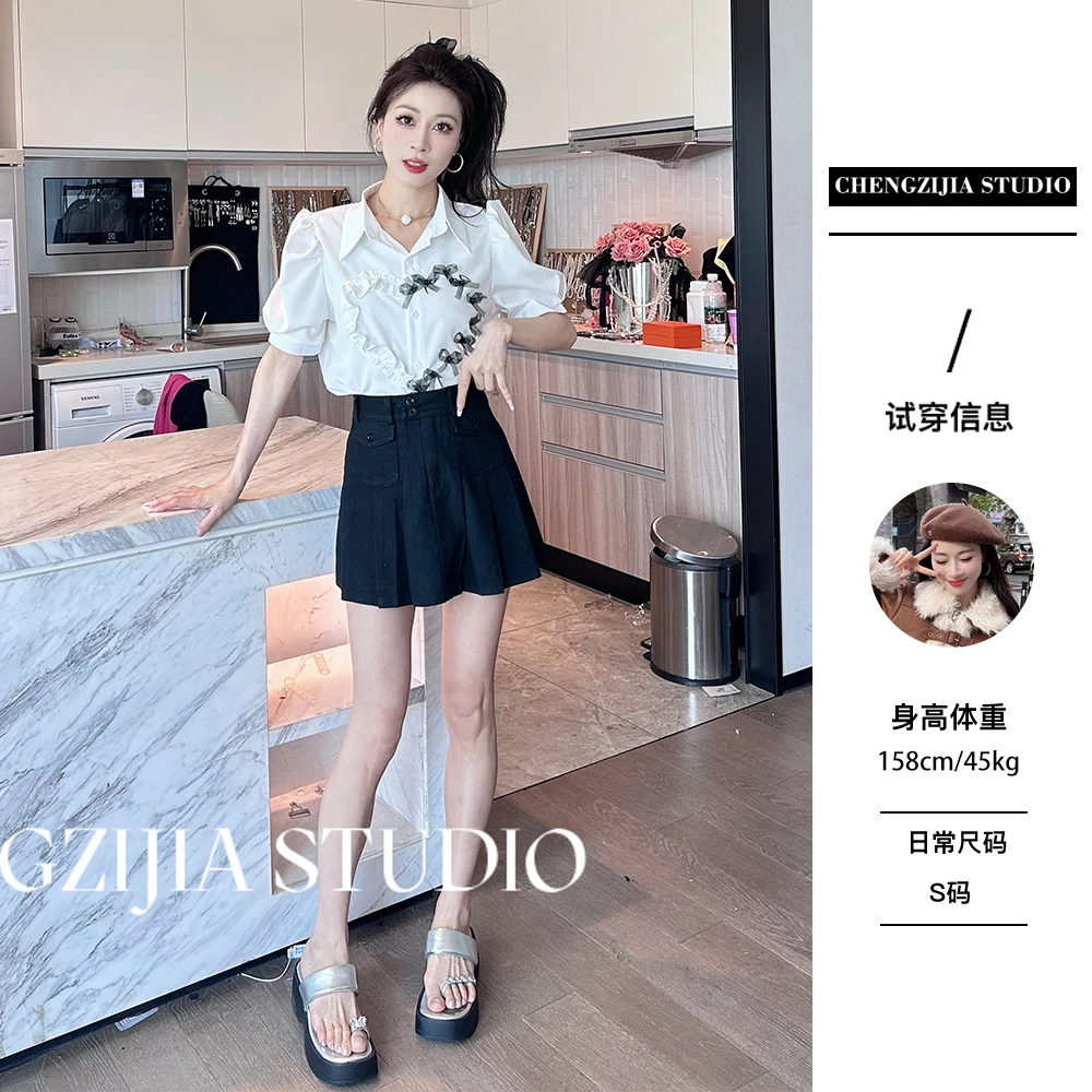 现【裴诗婷】橙子·studio 【爱心蝴蝶】 CS0429爱心蝴蝶结泡泡袖衬衫