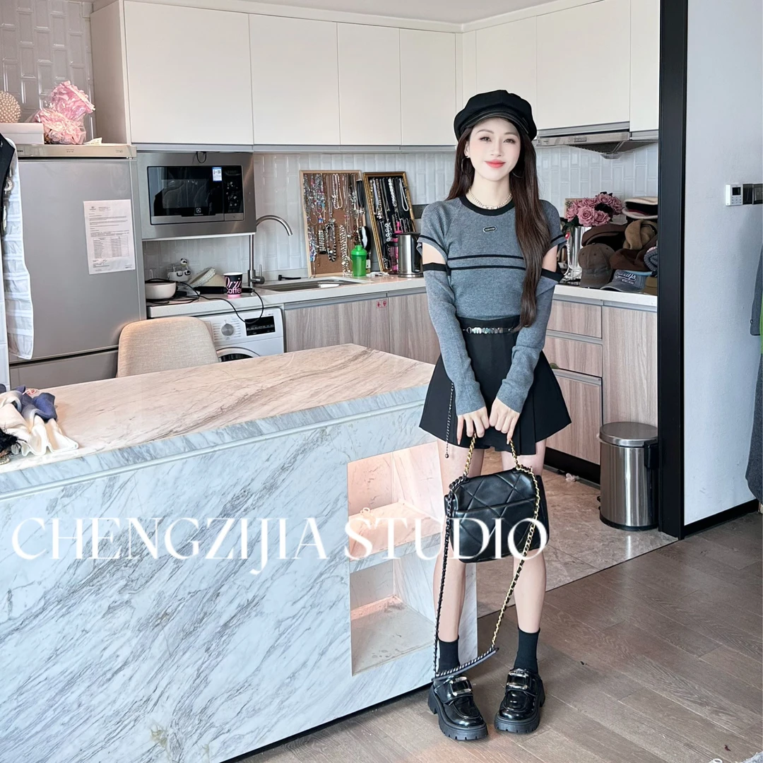 【裴诗婷】橙子·studio【】MY0496破洞撞色条纹毛衣05