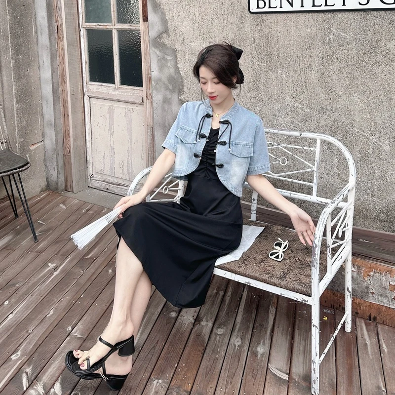 TZ0153牛仔外套碎花连衣裙两件套套装002