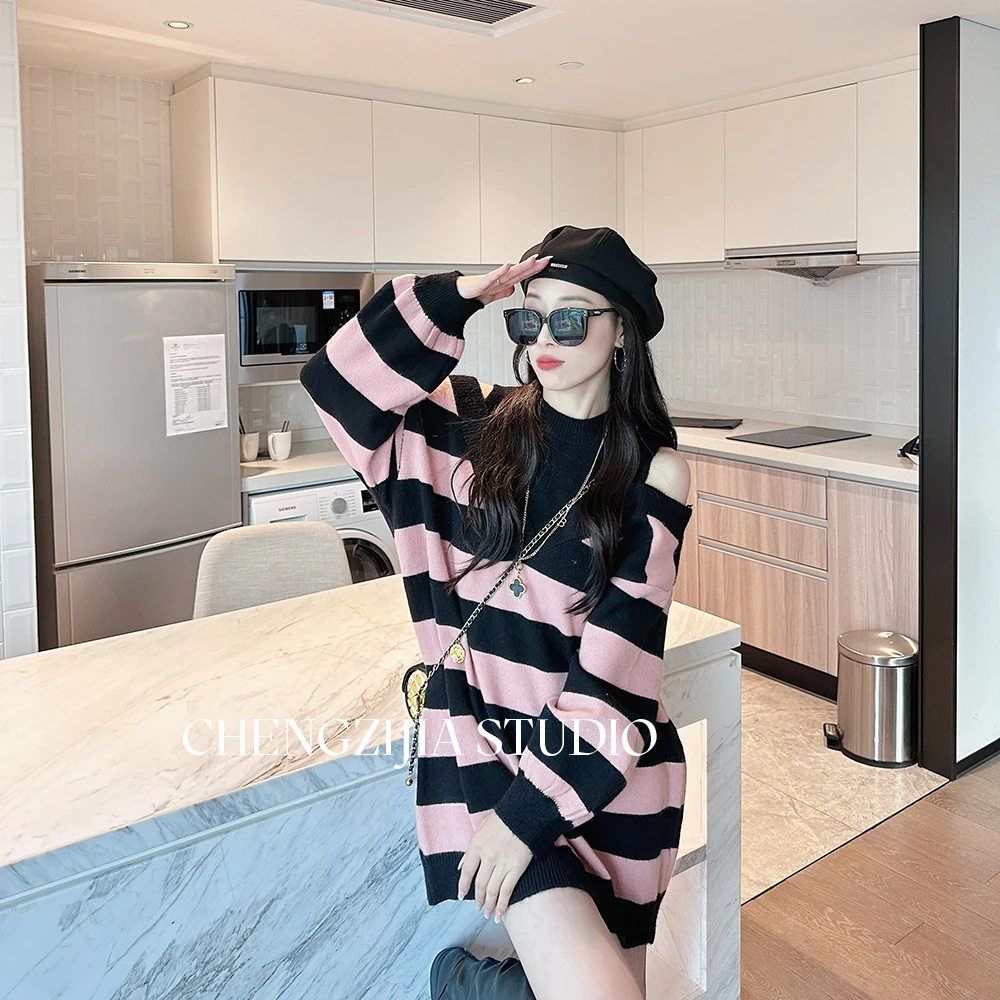 LYQ0309条纹露肩设计感假两件连衣裙006