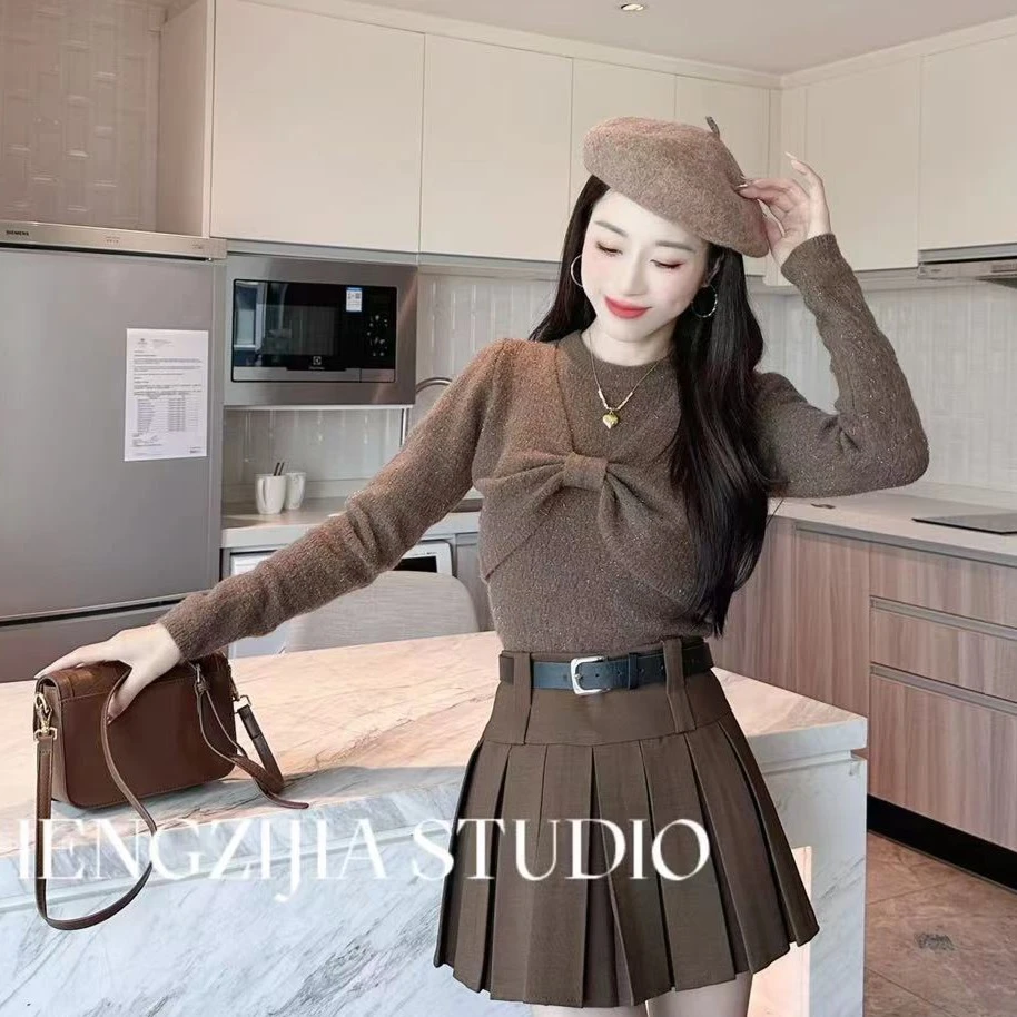 DD0264蝴蝶结露肩打底衫两件套02