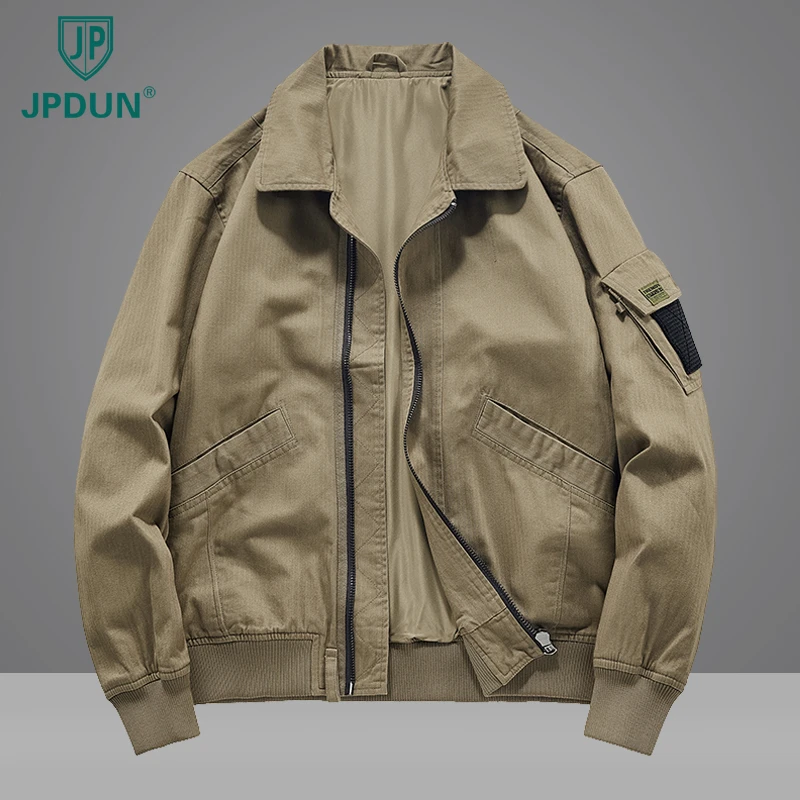JPDUN时尚复古宽松飞行员夹克男士秋季新款翻领休闲纯色工装外套