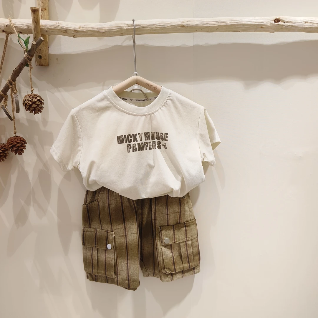 儿童套装休闲夏季夏款格子印花韩版牛仔白色男童百搭圆领韩系拼接