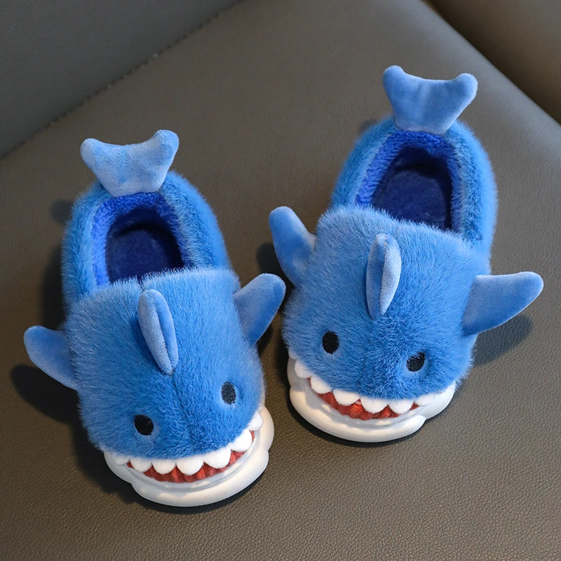 儿童棉拖鞋秋冬季防水家居室内防滑男童可爱鲨鱼图案宝宝小孩棉鞋