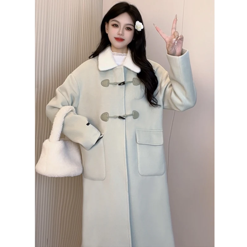 【24160】短毛领PU牛角扣韩版中长款毛呢外套女