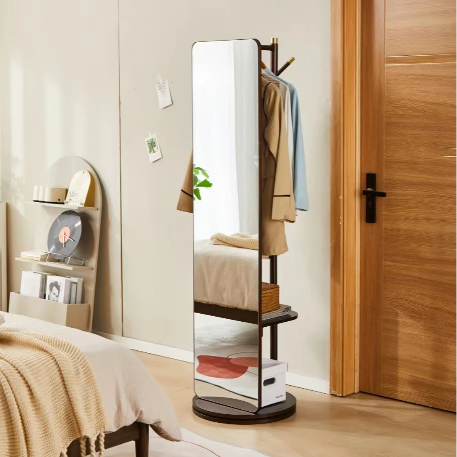 可旋转实木穿衣镜挂衣架简易全身镜落地立式置物客厅家用挂衣服