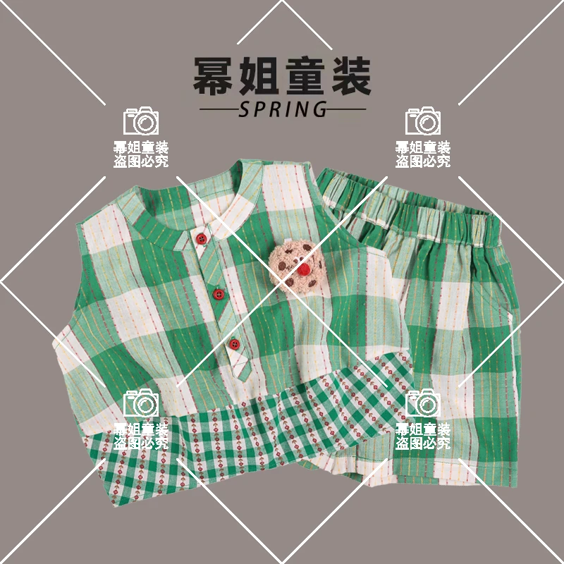 幂姐原创儿童夏季花色清凉无袖背心+裤子套装2266