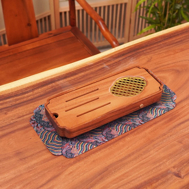 铜窗胡桃木38*15*4新中式小型储水式茶盘实木家用轻奢干泡台茶台