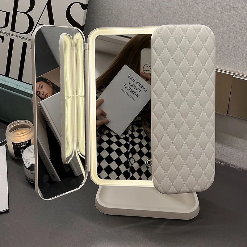 化妆台式折叠美妆超大镜子广角梳妆礼三面LED灯270度桌面女神智能