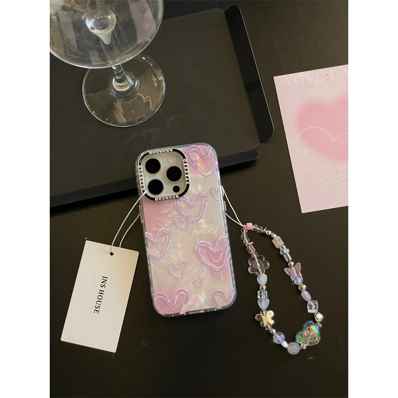 梦幻粉紫爱心链条适用iPhone15promax苹果14手机壳13新款12贝壳纹