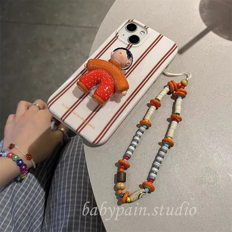 复古条纹橘棕色适用iPhone15promax手机壳苹果14撞色男孩支架1312