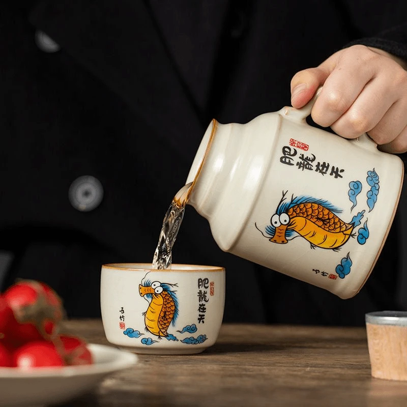 汝窑小暖壶肥龙在天马克杯子陶瓷大容量水杯家用办公保温瓶泡茶杯