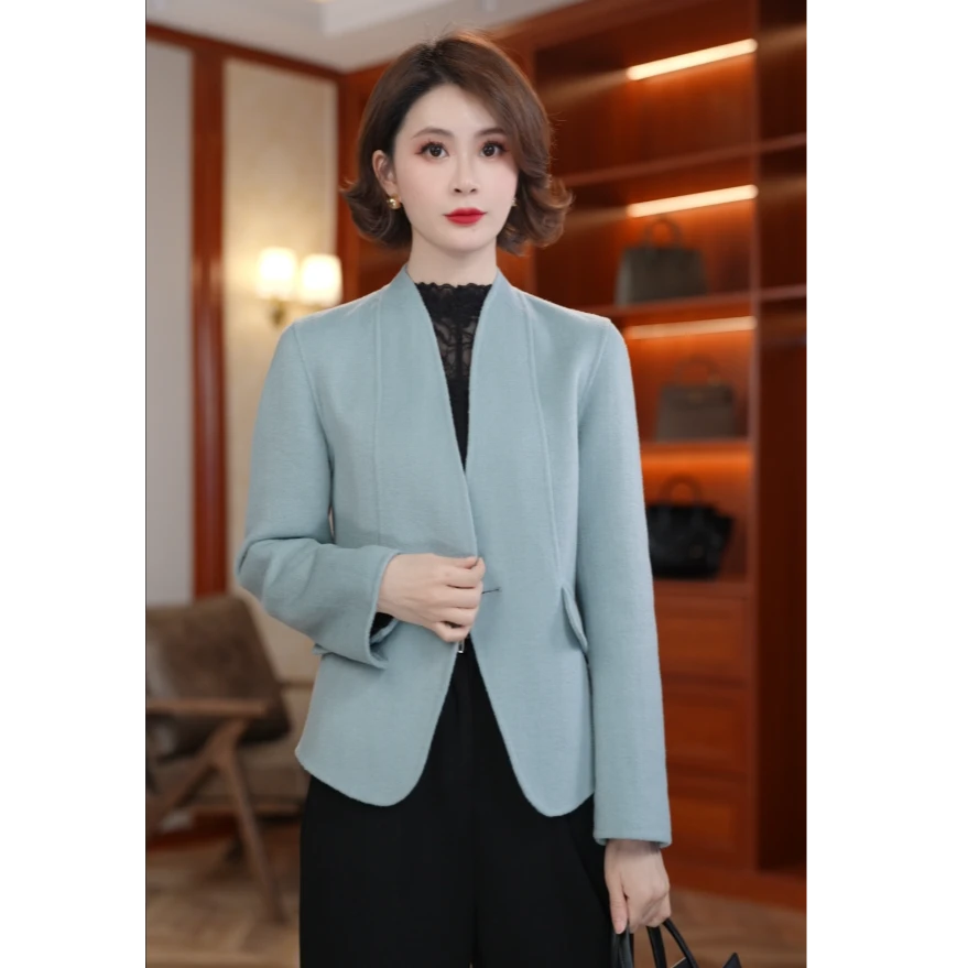 2025新款百搭修身双面羊毛大衣女短款时尚气质休闲无领336
