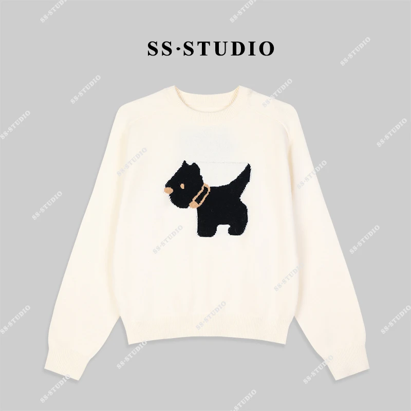 【SUSU】秋冬卡通小狗提花宽松圆领百搭休闲慵懒风毛衣SS-3173