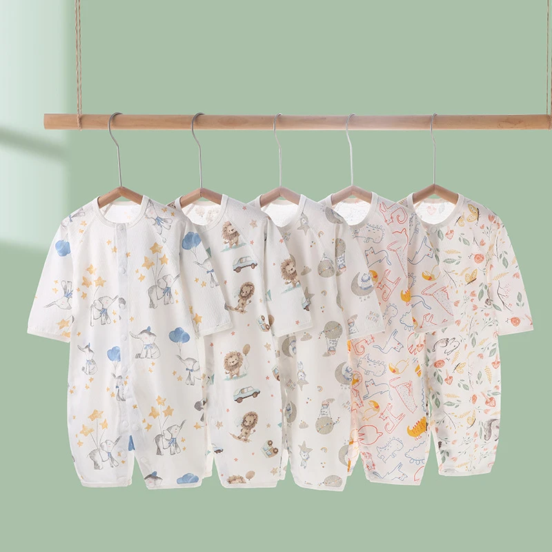 婴儿宝宝连体衣夏款薄款A类纯棉无骨新生儿衣服宝宝长袖哈衣空调