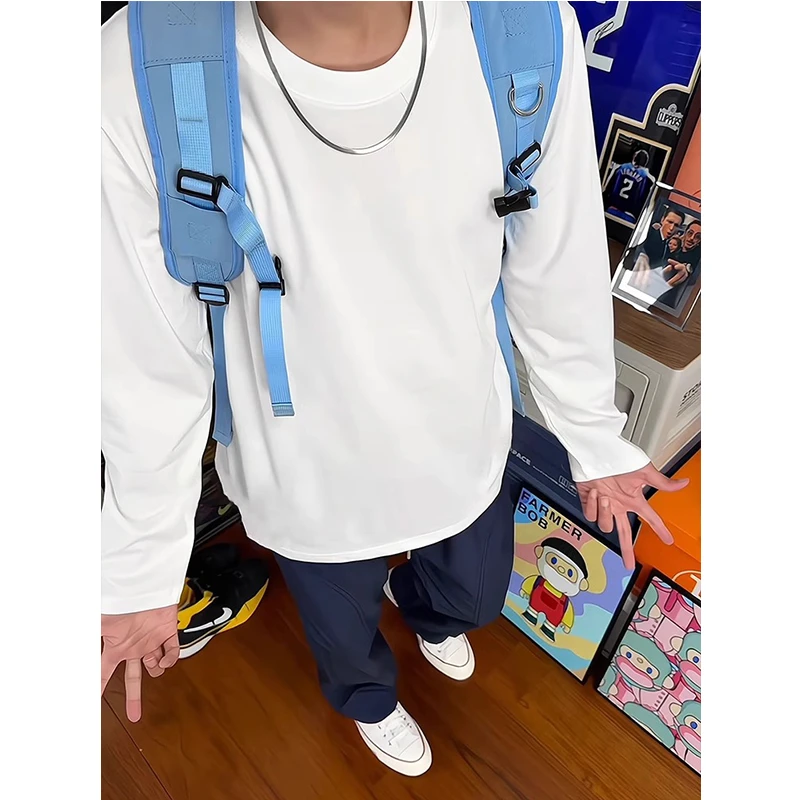 白色基础款长袖t恤男青少年春秋季小领口卫衣纯棉重磅内搭打底衫