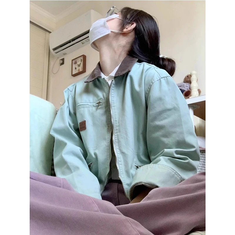 美式复荷绿工装外套男春秋底特律情侣夹克翻领古着vintage棒球服