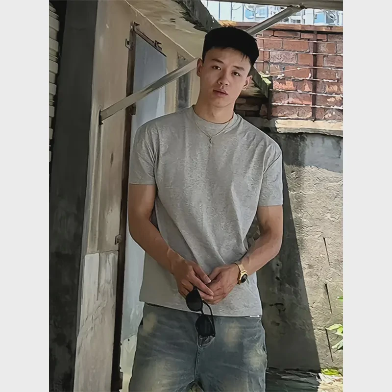 花灰色纯棉t恤男夏季美式高街重磅短袖cleanfit情侣纯色五分半袖